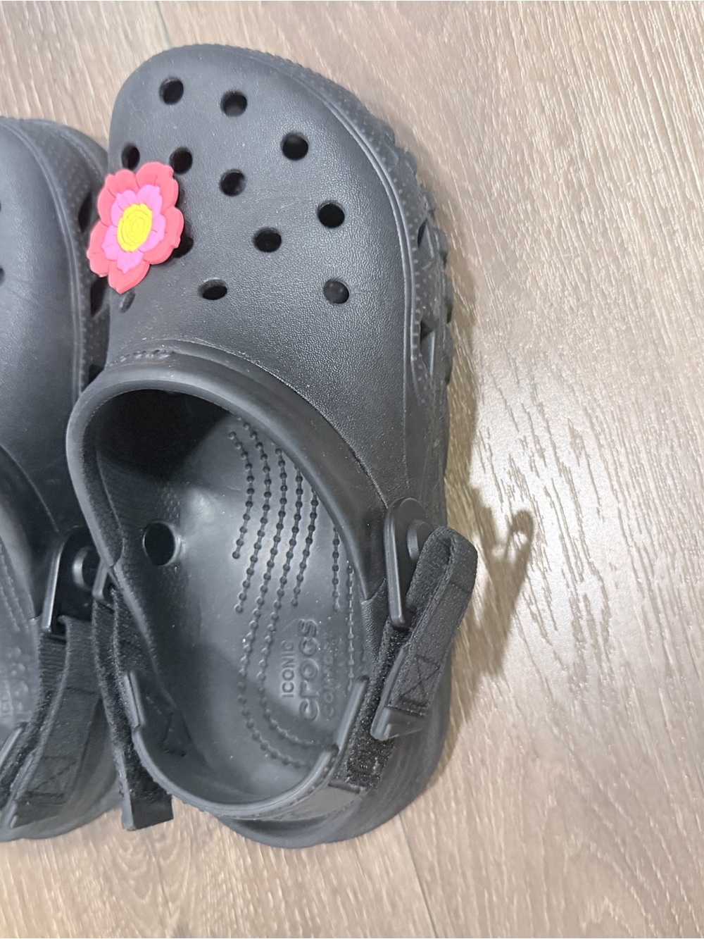 Kids Black Crocs with Pink Flower Charm